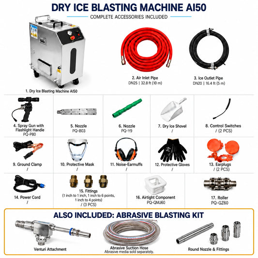 AIOLITH AI50 dry ice blasting machine complete accessories and included Venturi abrasive blasting kit, with suction hose, round nozzle and fittings