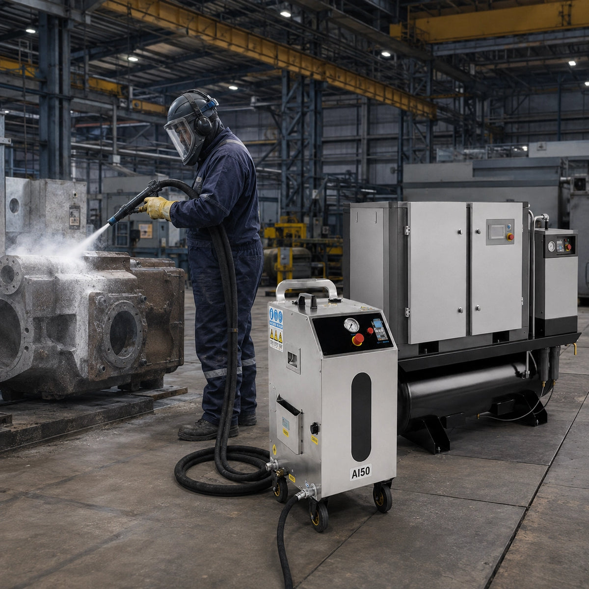 Operator using an AI50 dry ice blaster with matched air compressor to clean industrial equipment