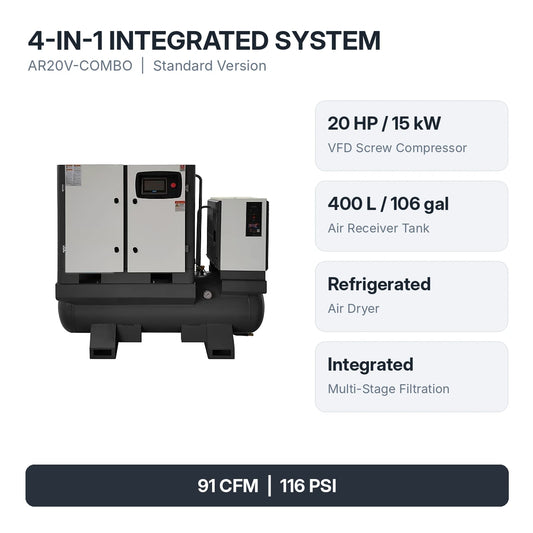 AIOLITH AR20V-COMBO standard 4-in-1 air compressor system with 20HP VFD compressor, 400 L air receiver, refrigerated dryer and multi-stage filtration