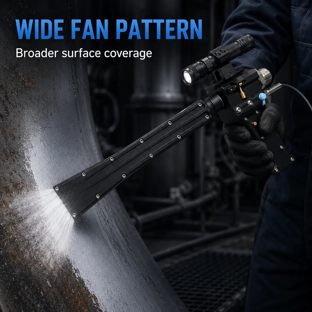 Aiolith DN30-FG wide fan nozzle blasting a broad pattern across a metal surface