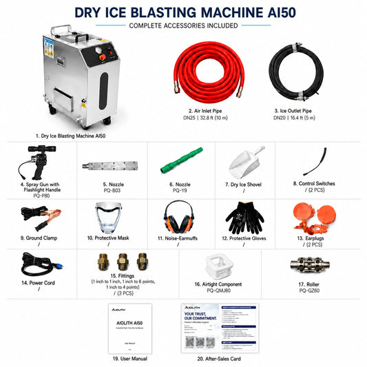 AIOLITH AI50 industrial dry ice blaster complete accessories with PQ-Y9 nozzle and included components