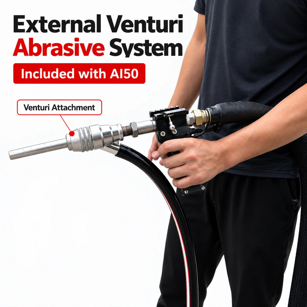 AIOLITH AI50 dry ice blaster spray gun with external Venturi abrasive attachment and suction hose for abrasive-assisted industrial cleaning