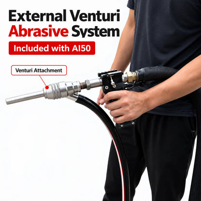 AIOLITH AI50 dry ice blaster spray gun with external Venturi abrasive attachment and suction hose for abrasive-assisted industrial cleaning