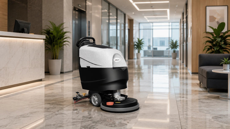 Aiolith AF2013 floor scrubber cleaning a healthcare facility corridor