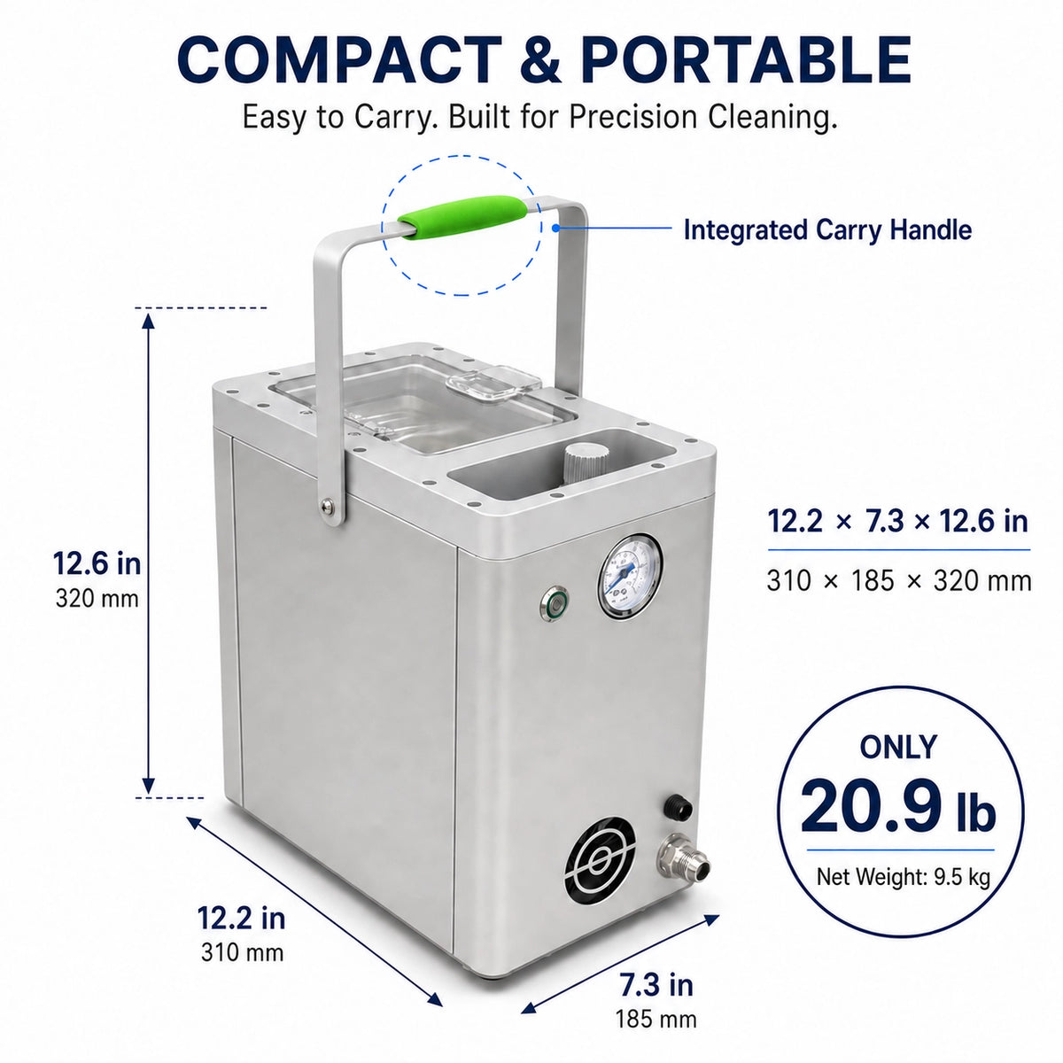 Aiolith AI10 Micro compact dry ice blasting machine dimensions, 20.9 lb net weight, and integrated carry handle