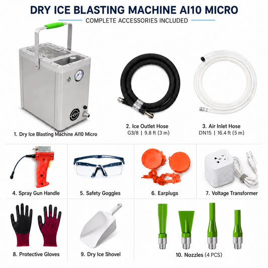 Aiolith AI10 Micro dry ice blasting machine with included hoses, spray gun, four nozzles, and safety accessories