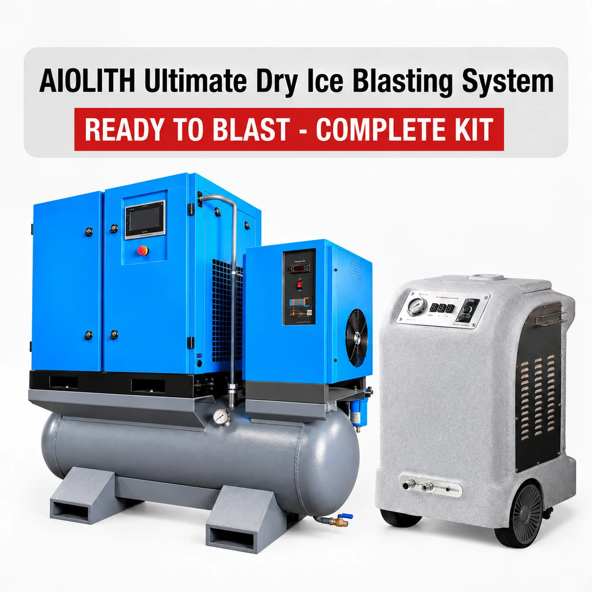 AIOLITH AI30 dry ice blaster and blue 20HP ASME air compressor complete system, with ASME-certified air receiver and oil-gas separator pressure vessels