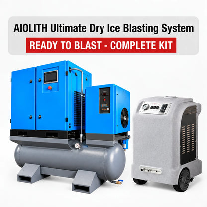 AIOLITH AI30 dry ice blaster and blue 20HP ASME air compressor complete system, with ASME-certified air receiver and oil-gas separator pressure vessels