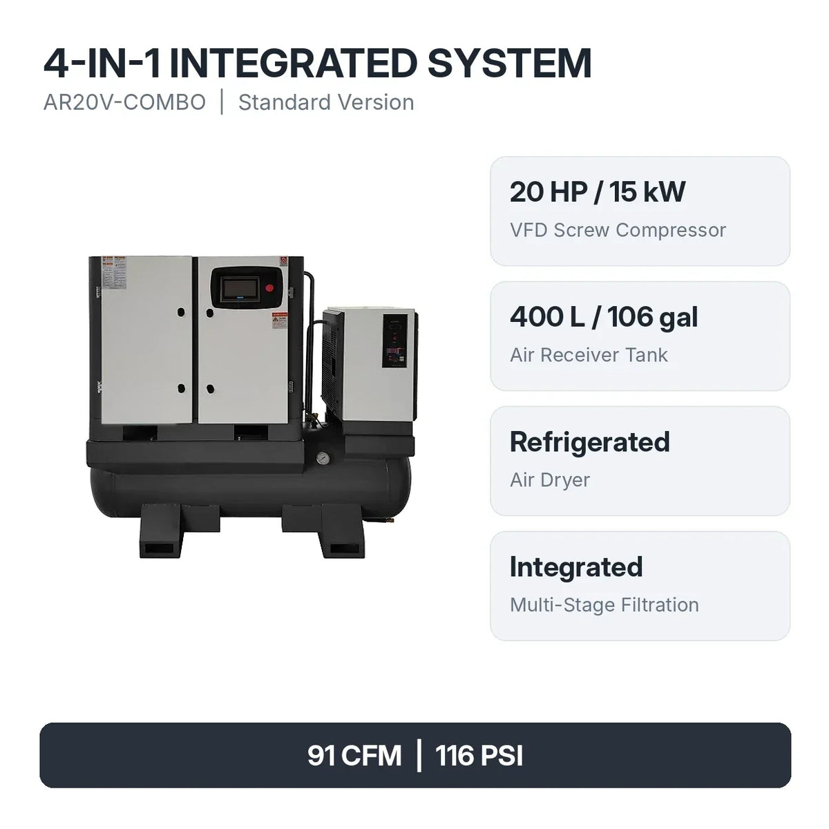 AIOLITH AI30 20HP compressor package Standard Version integrated air receiver dryer and filtration