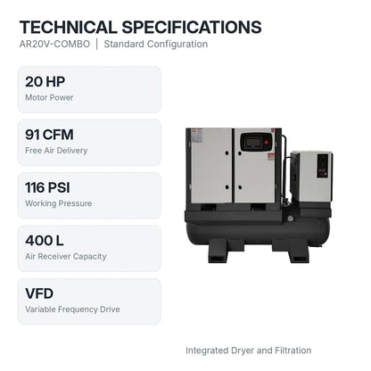 AIOLITH AI30 system 20HP air compressor Standard Version specifications, 91 CFM, 116 PSI, 400 L