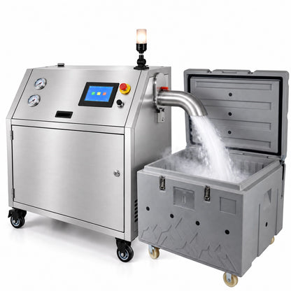 AIOLITH AIP50 dry ice pelletizer discharging dry ice pellets into an insulated storage box