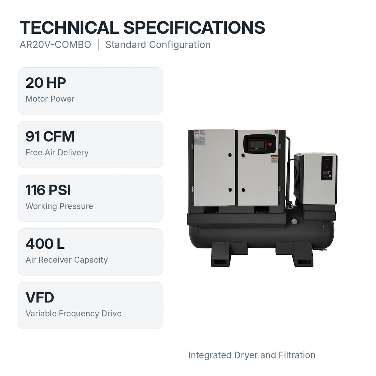 Technical specifications of AIOLITH AR20V-COMBO standard compressor: 20HP, 91 CFM, 116 PSI, 400 L air tank and VFD drive