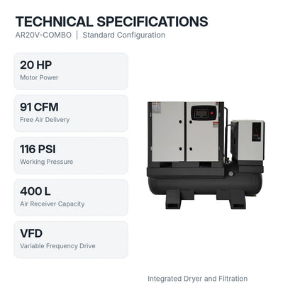 Technical specifications of AIOLITH AR20V-COMBO standard compressor: 20HP, 91 CFM, 116 PSI, 400 L air tank and VFD drive