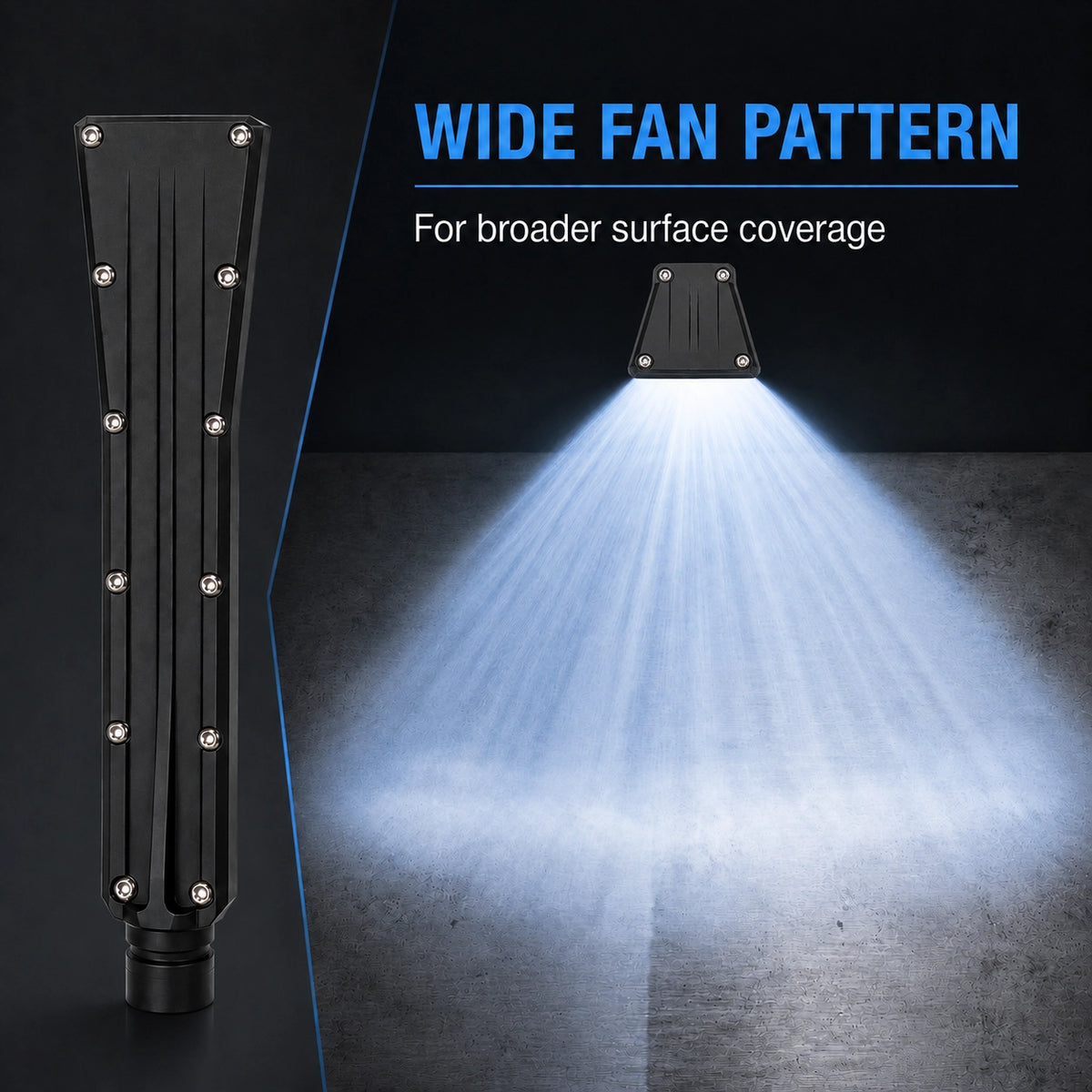 Aiolith DN30-F nozzle showing a wide fan dry ice blasting pattern for broader surface coverage