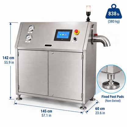Aiolith AIP100 dry ice pelletizer dimensions and 360 degree swivel casters