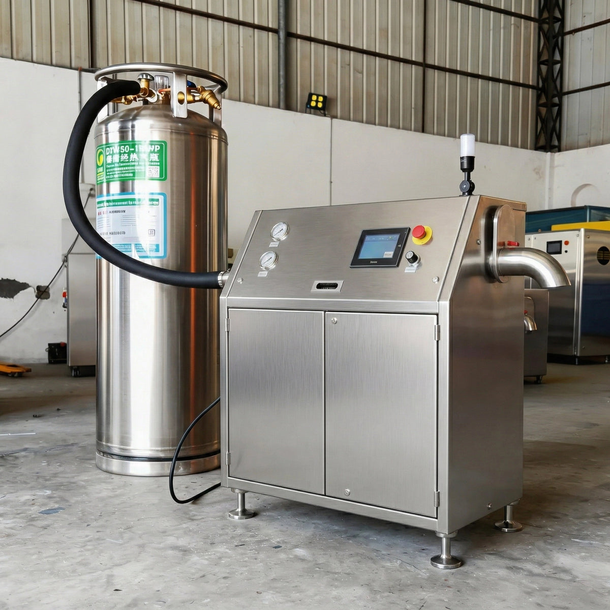 Aiolith AIP100 dry ice pelletizer with CO2 storage tank setup
