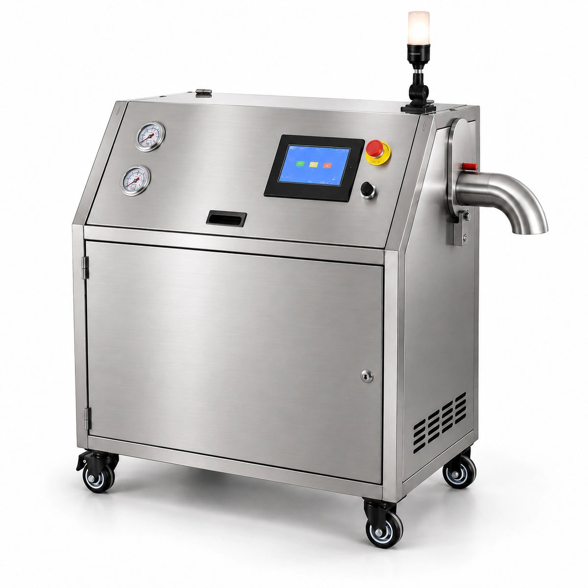 Aiolith AIP50 dry ice pelletizer machine with stainless steel body and caster wheels