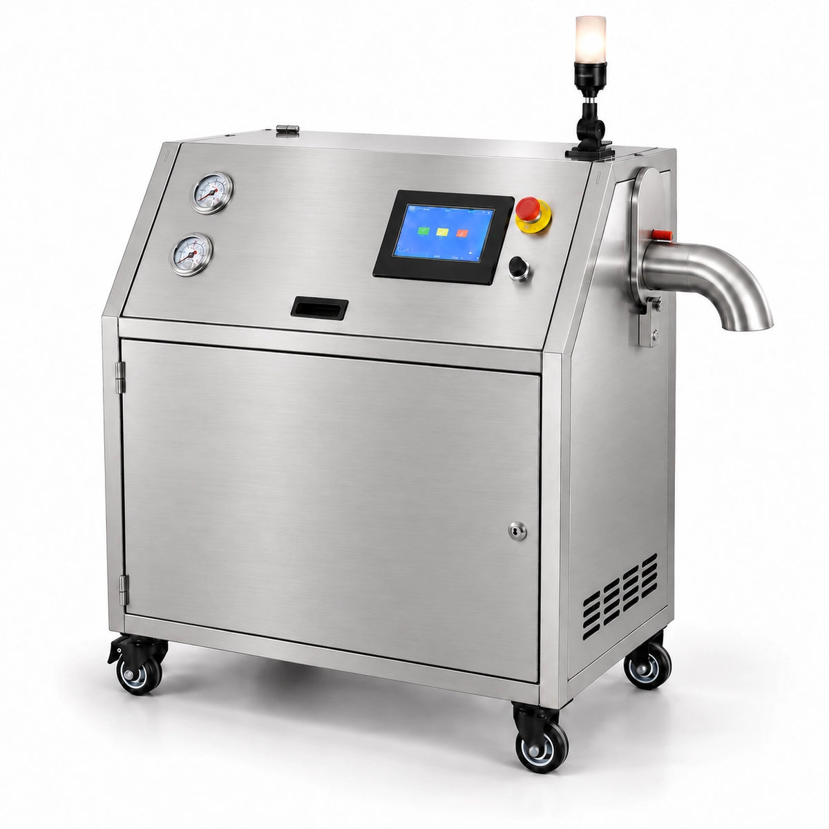 Aiolith AIP50 dry ice pelletizer machine with stainless steel body and caster wheels