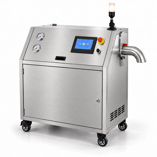 Aiolith AIP50 dry ice pelletizer machine with stainless steel body and caster wheels